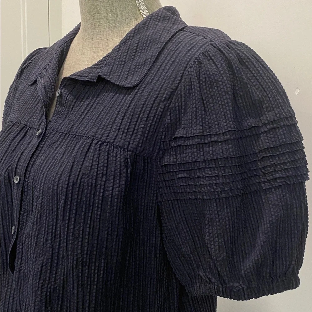 Hudson North Linen Puff Sleeve Blouse Navy Blue Textured Top Size Medium - Picture 2 of 16